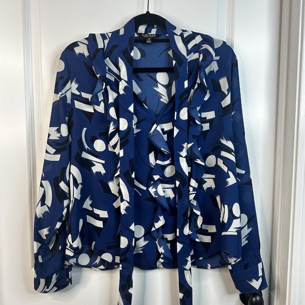 Lauren Ralph Lauren Womens Georgette Blouse Neck Tie Ruffle Blue Black MSRP $115